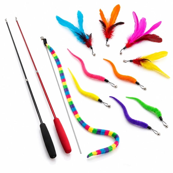 Interactive Cat Feather Toys for Indoor Cats Kittens,2 Retractable Cat Teaser Wand and 1 Rainbow Wand with 9 Refills and 2 Spare Hook(14 Pack)