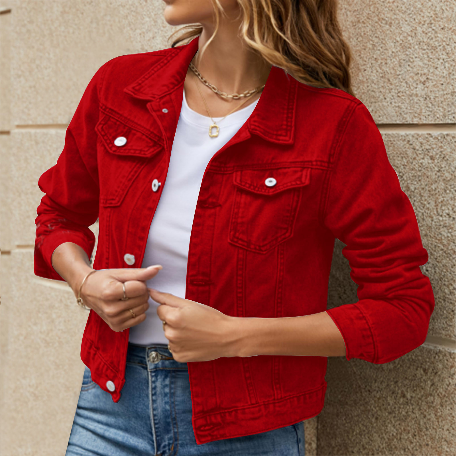 iOPQO womens sweaters Women's Basic Solid Color Button Down Denim Cotton Jacket With Pockets Denim Jacket Coat Women's Denim Jackets Red L - image 2 of 8