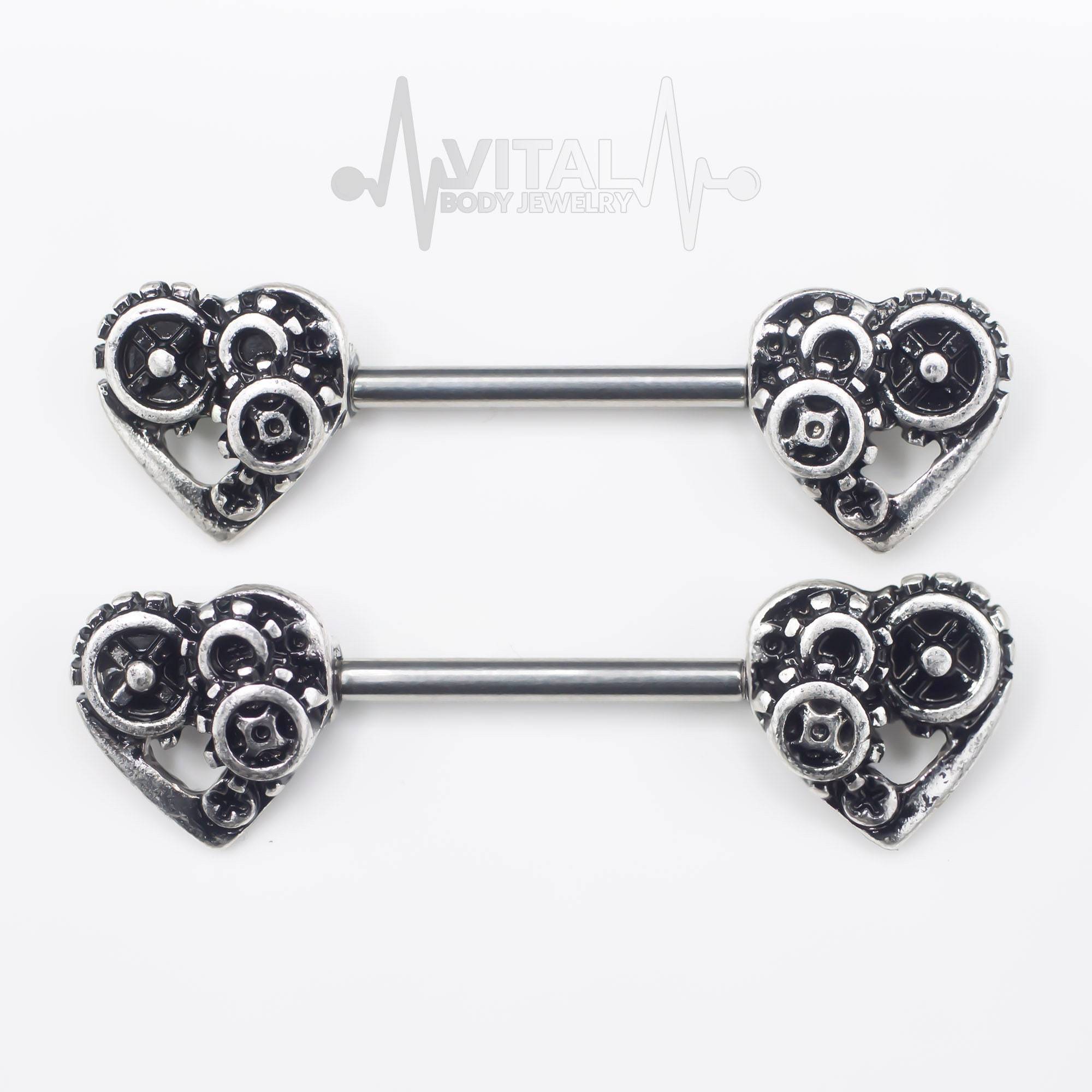 Pair of SteamPunk Heart Nipple Bars Rings 316L Surgical Steel Barbell