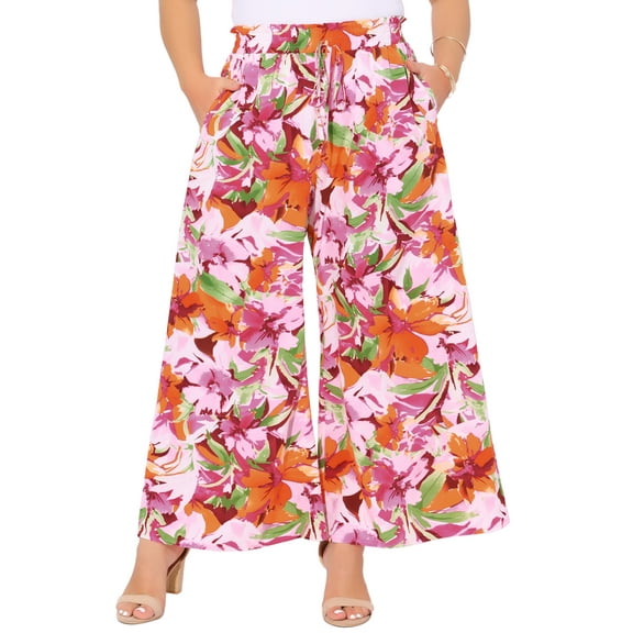 DARING DIVA Women's Plus Boho Floral Palazzo Trousers Pants 1X Pink Orange