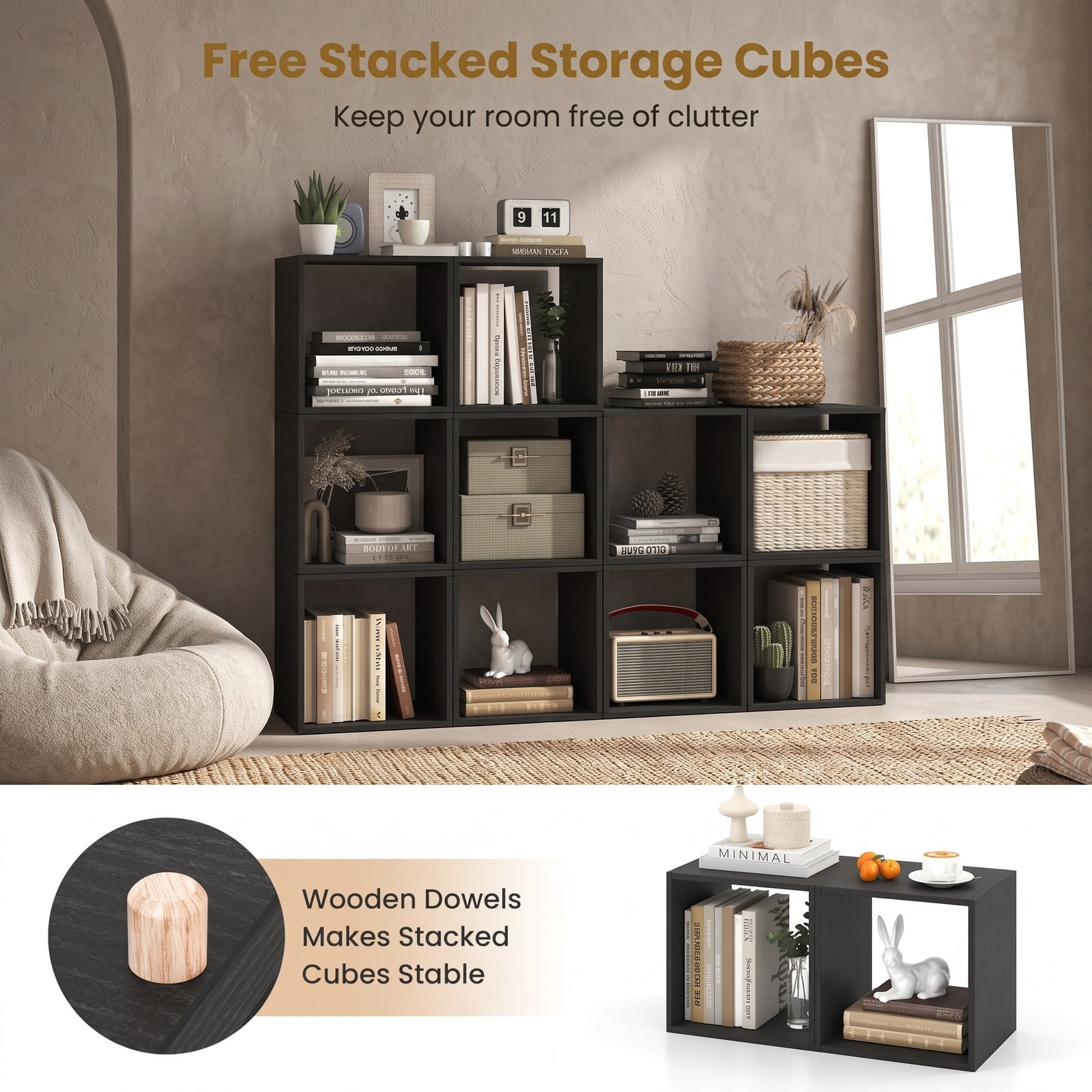 Furnibear Cube Storage Organizer Set of 2, Stackable Modular Bookcase Cubby Shelf for Living Room Bedroom Study Office, Wood Display Bookshelf with Anti-Tip, Black