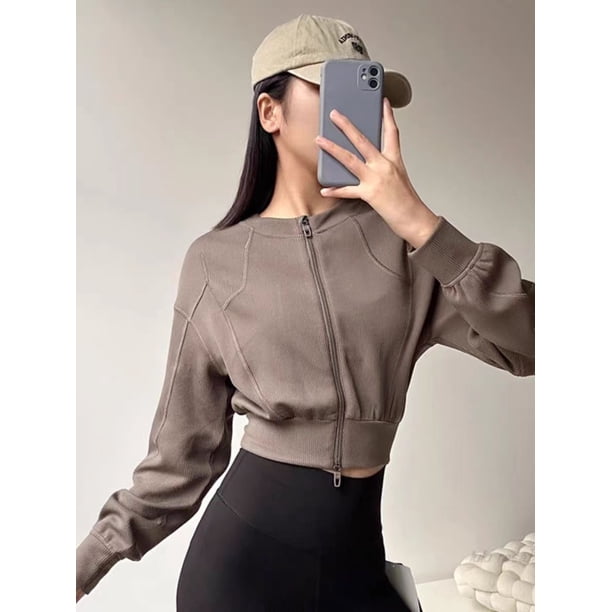 Abrigo superior Chaqueta corta con doble cremallera para mujer Ropa deportiva informal para yoga Abrigo superior