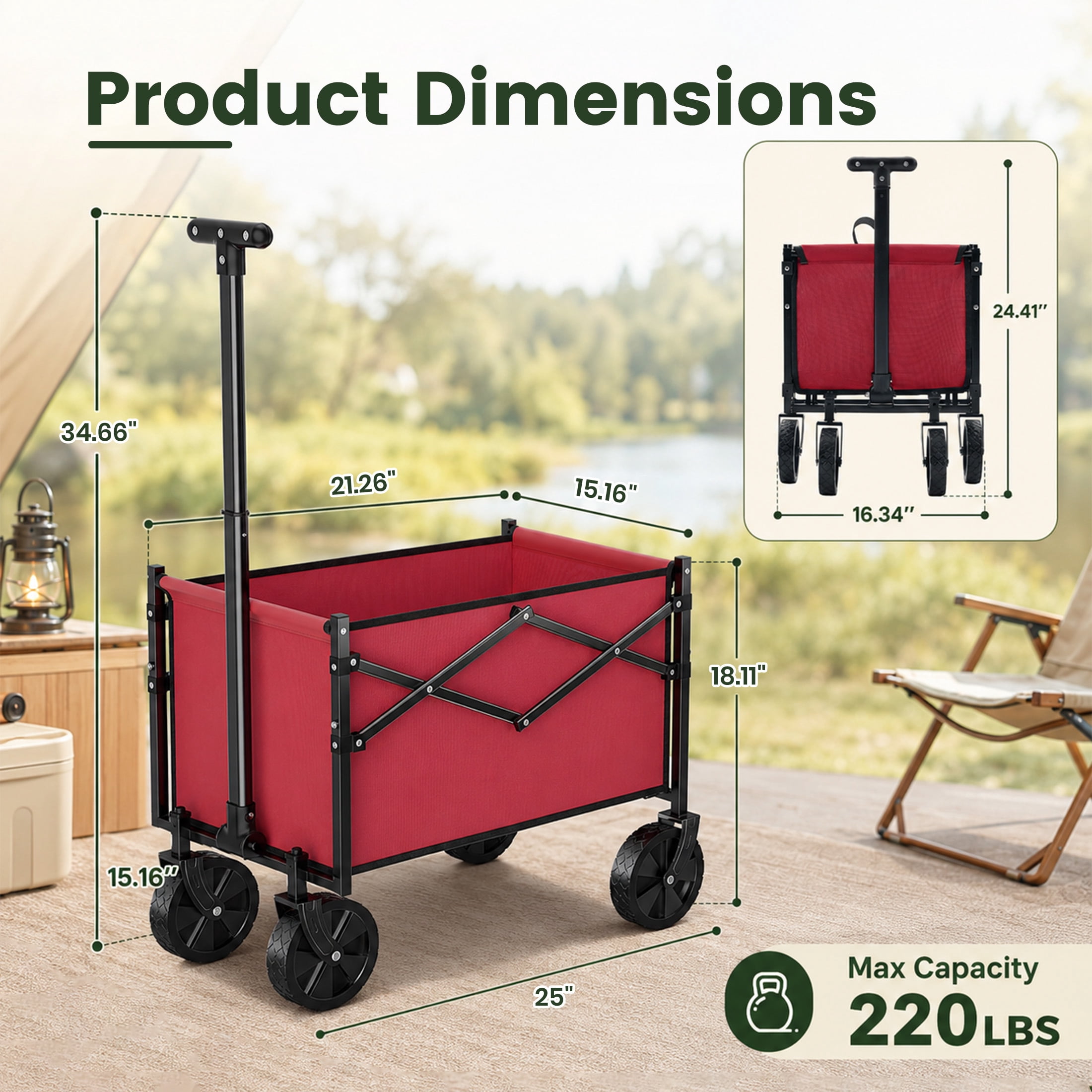 SHOUFTW Folding Wagon Cart, 220 lb Capacity Collapsible Utility Wagon with All-Terrain Wheels & Adjustable Handle, Red