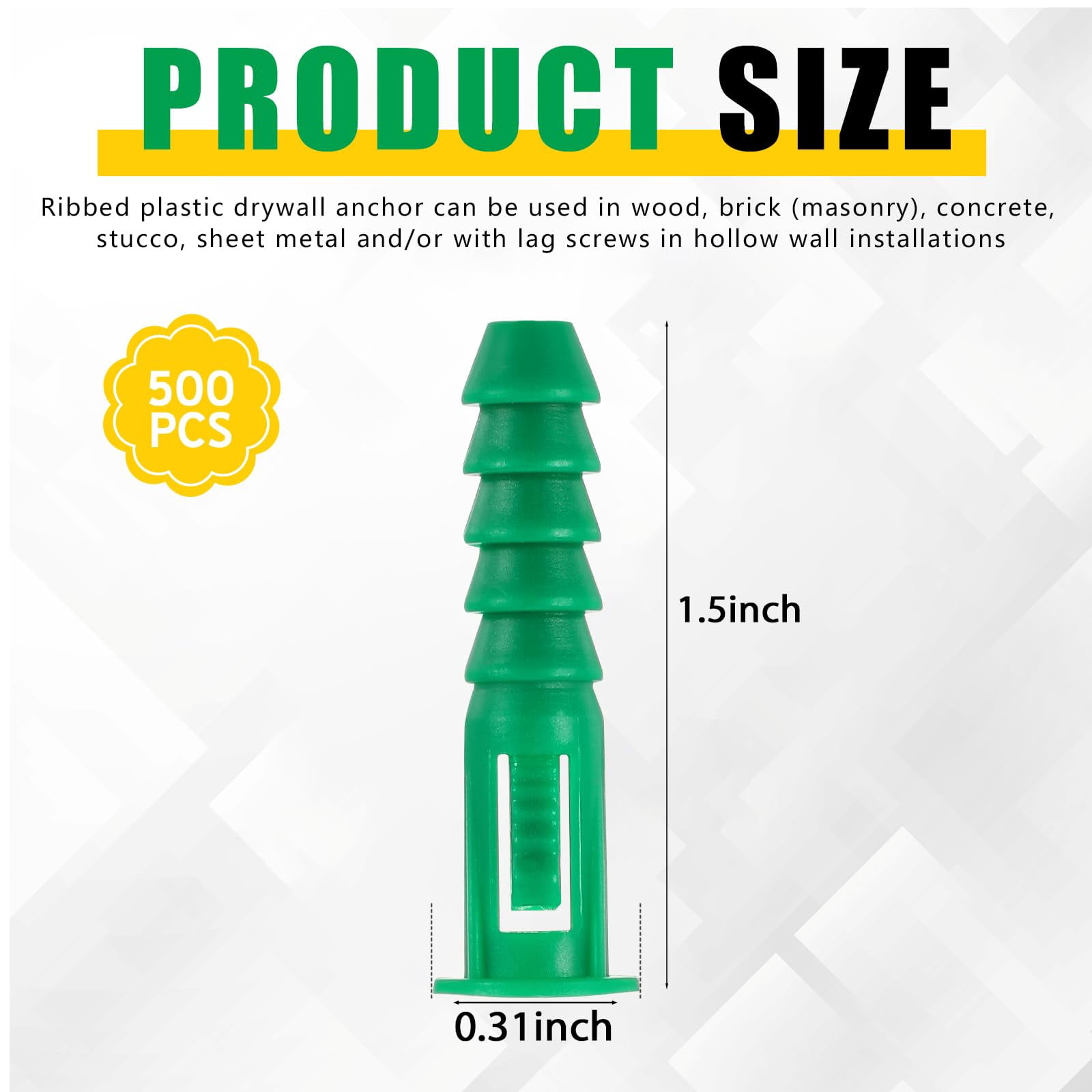 500 Pcs #4-6-8 x 7/8 Inch Ribbed Lightweight Plastic Anchors Drywall Anchors for Hollow Walls Pictures Artwork Decor Light Duty Anchoring Application (Yellow)
