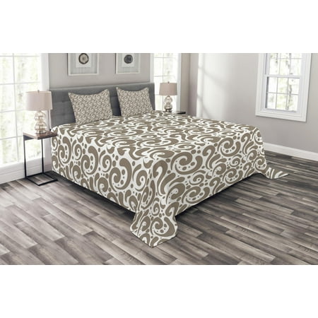 Set Cocoa Dots - Art Bedspread Set, Swirled Curved Bold Lines Brushstrokes Big and Little Polka Dots Circular Abstract, Decorative Quilted Coverlet Set with Pillow Shams Included, Cocoa White, by Ambesonne