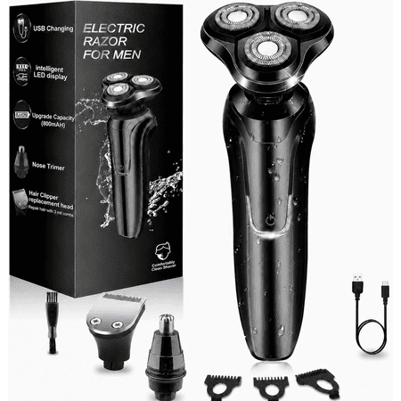 3-in-1 Men's Electric Shaver and Trimmer, USB Rechargeable Rotary Razor with 3 Floating Heads, Beard and Nose Hair Trimmer, Portable Grooming Kit for Home and Travel