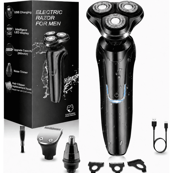 3-in-1 Men's Electric Shaver and Trimmer, USB Rechargeable Rotary Razor with 3 Floating Heads, Beard and Nose Hair Trimmer, Portable Grooming Kit for Home and Travel