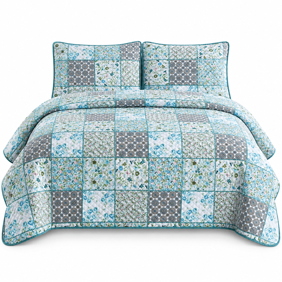 DBOZE Floral Patchwork Quilt Set, Reversible Lightweight Bedspread Coverlet with Matching Pillow Shams, 3 Piece All Season Bedding Set(Cal King Size,Pink/White)