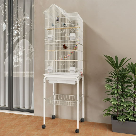 Uforic 62" Rolling Metal Birdcage with Rolling Stand and Castor Wheels, Large Parrot Cage with 3 Perches and 4 Feeders, Slide-Out Tray, White