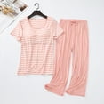thumbnail image 2 of Besolor Ensembles de Pyjama pour Femmes Décontractés à Rayures, T-Shirts à Manches Courtes à Col Ras du Cou et Pantalons Capri, Tenue 2 Pcs, Vêtements de Nuit, Pyjamas, 2 of 6