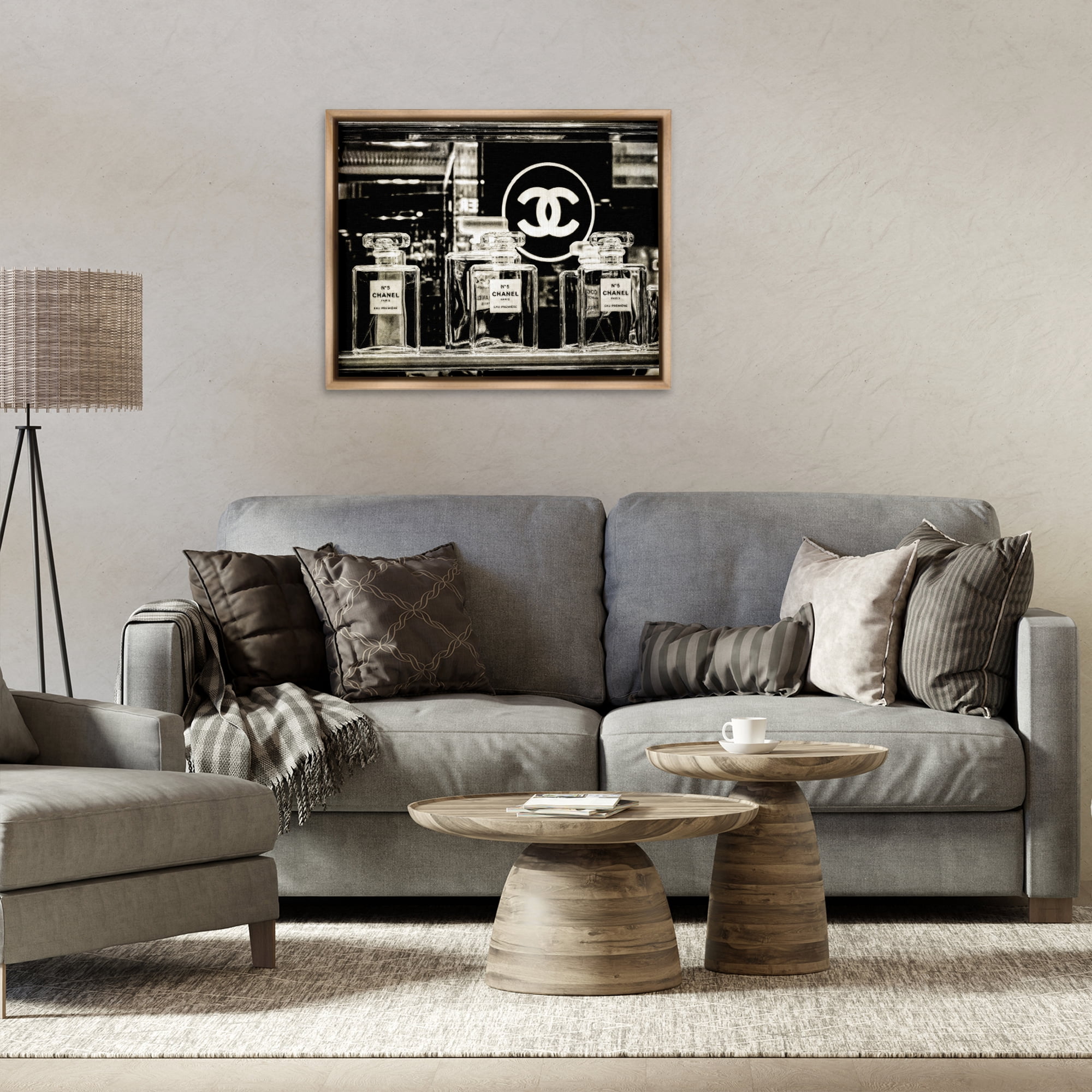 Stupell Industries Monochrome Perfumes Display Fashion Painting Brown Floater Framed Canvas Art Print Wall Art, 31 x 25