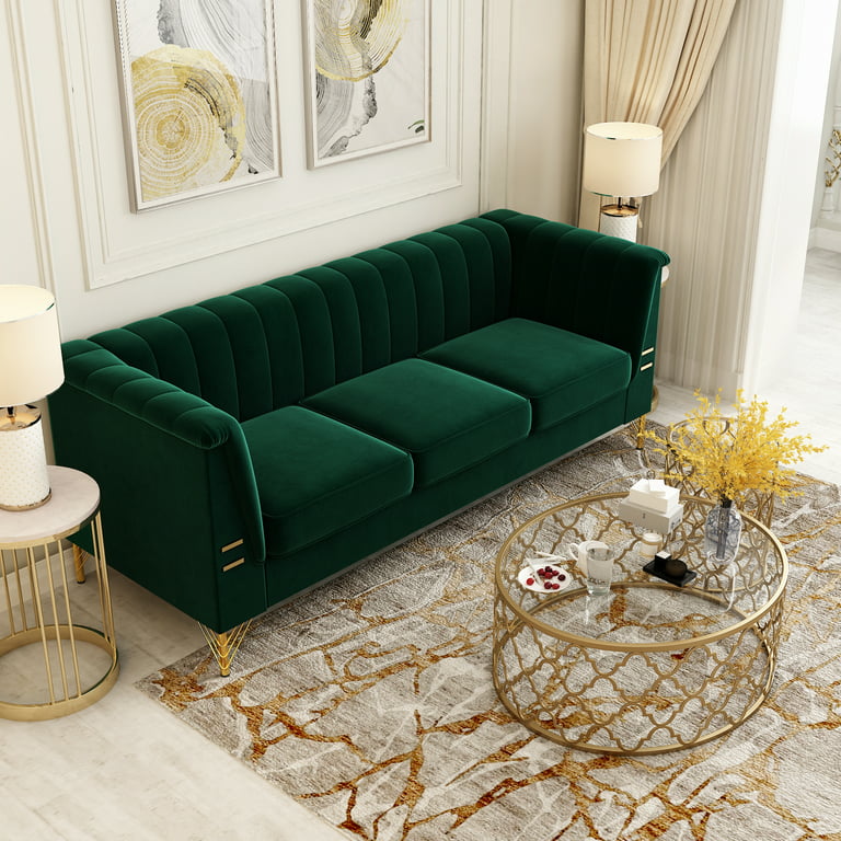 Modern Tufted Velvet Sofa With Scroll Arm And Back Living Room 3 Seater Couch Green Com