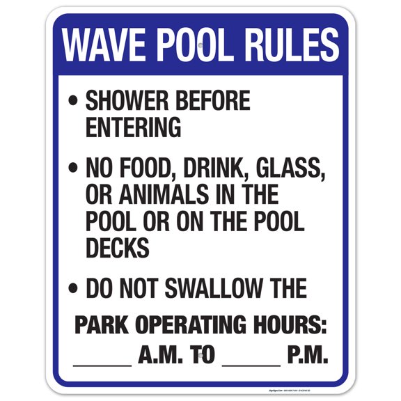 Florida Wave Pool Rules Sign, Complies With State Of Florida Pool Safety Code, 24x30 Aluminum