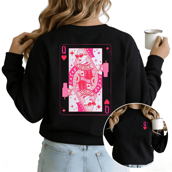 Retro Queen Of Hearts Tumbler Womans Sweatshirt Graphic Sweatshirt White Black S-3XL Card Lover Gift Loose Fit Crew Neck Tops