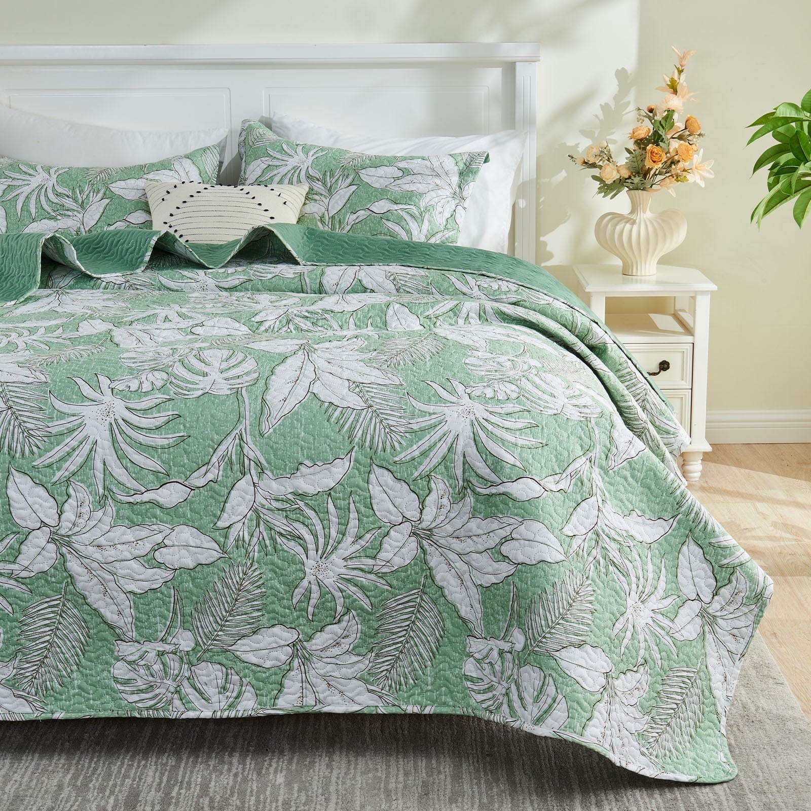 Gogreen Luxury Printed Quilt Set Queen Size, Lightweight Comforter Set, Oversized Bedspread Coverlet Quilted Bedding Set, with 2 Matching Pillowcases, for All Season