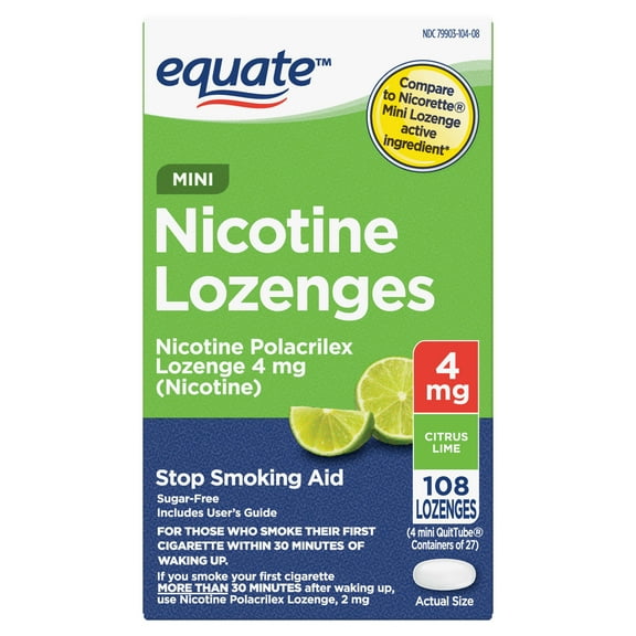 Equate Mini Nicotine Lozenge 4 mg, Stop Smoking Aid, Citrus Flavor, 108 Count