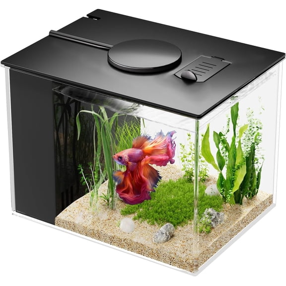 Tawatiler Small Fish Tank, 2.9L (0.78 Gal) Betta Fish Aquarium, Acrylic Small Fish Tank Kit with Water Filter Pump & LED Light, Ideal for Small Fish, Shrimp and Plants, Black