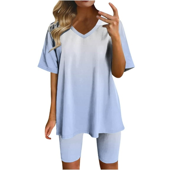 Idoravan Two Piece Sets Women Clothing Womens Lounge Sets 2 Piece Outfits Women Fashionable Loose Fitting Casual Printed Shorts Short Sleeved-Neck Blouses Sets