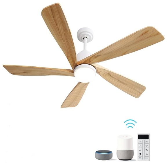 52 '' Ceiling Fan With Dimmable LED Light 5 Solid Wood Blades Remote Control for Living Room Bedroom Office White