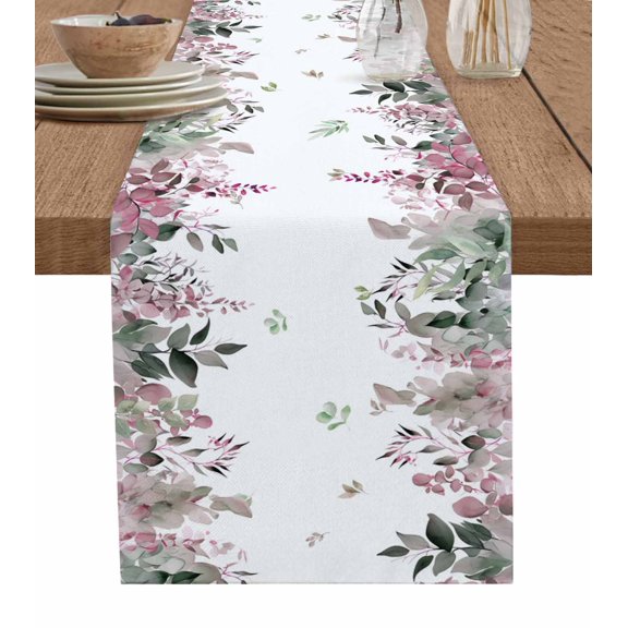 Table Runner 90 Inches Long for Kitchen Dining, Vintage Red Green Dresser Scarf Farmhouse, Dining Table Decorations for Wedding/Parties, Spring Botanical Summer Eucalyptus Leaves 13 x 90 In