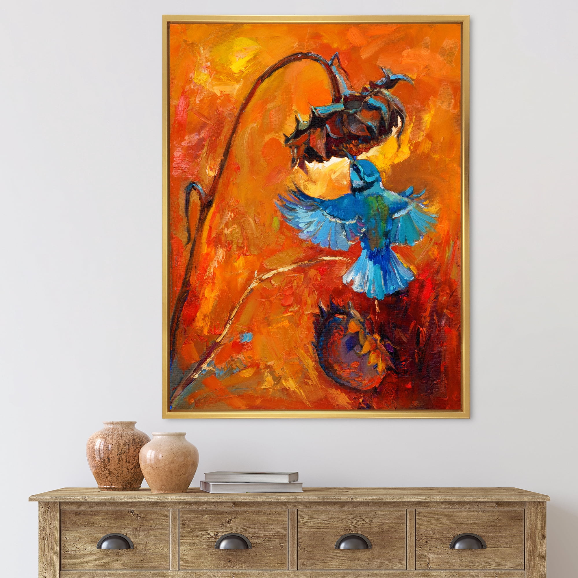 Blue Hummingbird On Orange Sunflower 16 in x 32 in Framed Painting Canvas Art Print, by Designart