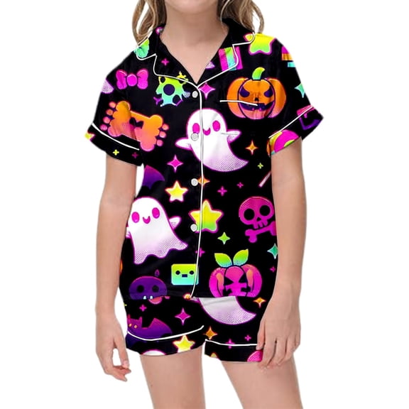 Kids Halloween Pajamas Size 4-5 Years Homewear Full Print Top with Elastic Shorts Soft Loungewear Girls' Pajama Sets Black