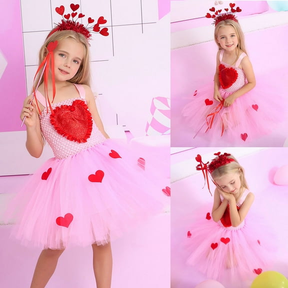 Girls Dress Lover Heart Letter Print Tulle Dress Girls Valentines Outfit Girls Birthday Dress for Girls 6-7 Years