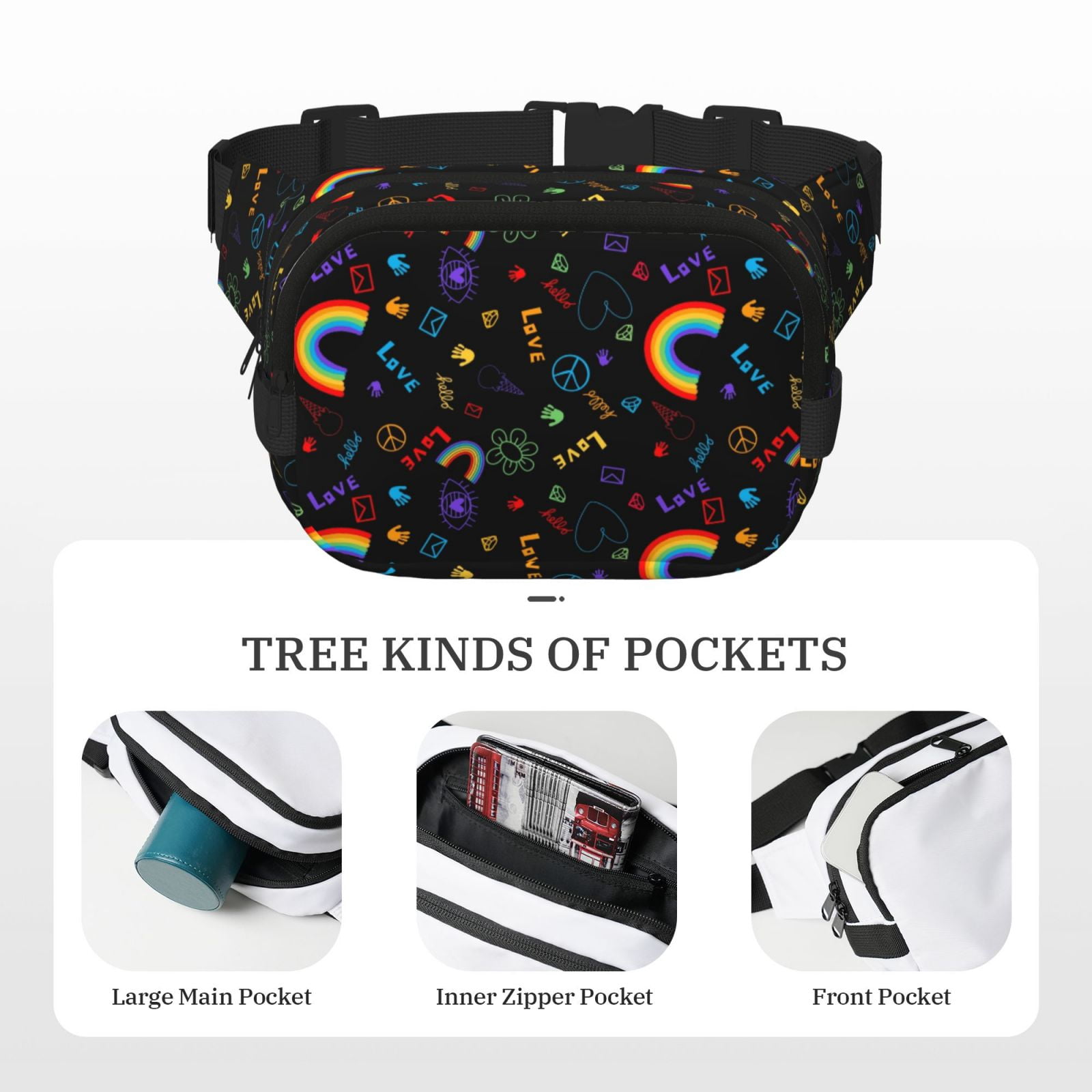 Fuzoiu Cartoon Pride Lgbt Print Unisex Square Double Layer Waist Bag,Crossbody Fanny Pack Travel Workout Accessory