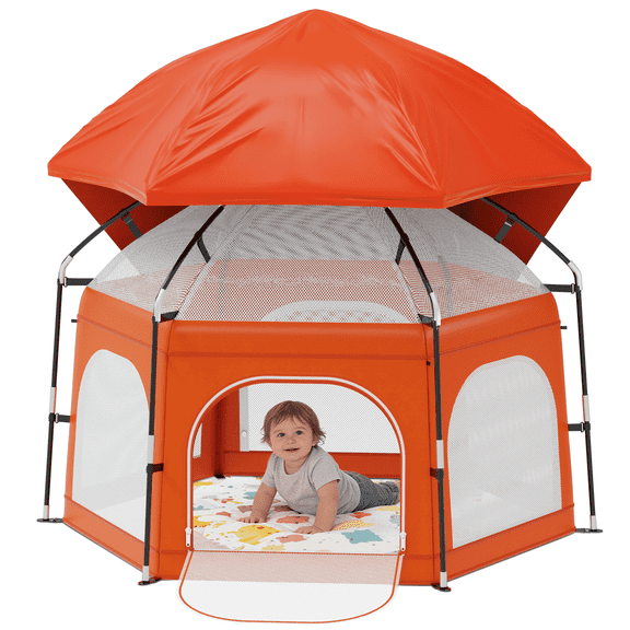 G TALECO GEAR Baby Playpen with Canopy - Portable Play Yard for Infants & Toddlers, Light weight Foldable Indoor Outdoor Playpen Tent for Beach Camping Travel, Orange