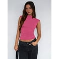 thumbnail image 2 of Sleeveless Crop Tops for Women Mock Neck Ruched Tank Tops Y2k Going Out Tops Solid Slim Fitted Shirts Rose Red XL, 2 of 4