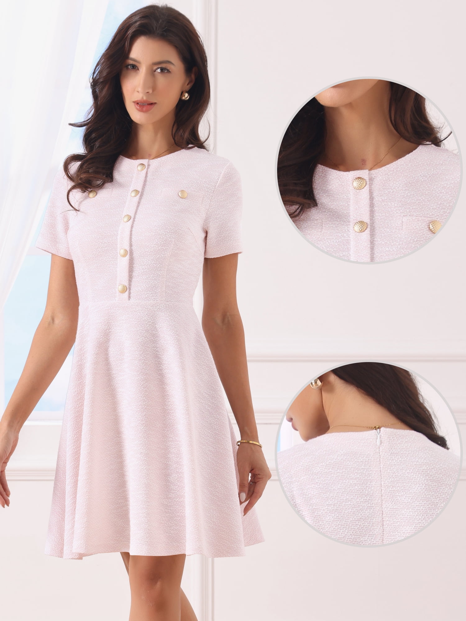 DARING DIVA Women's Plaid Tweed Button Up Round Neck Short Sleeve Dress L Pink