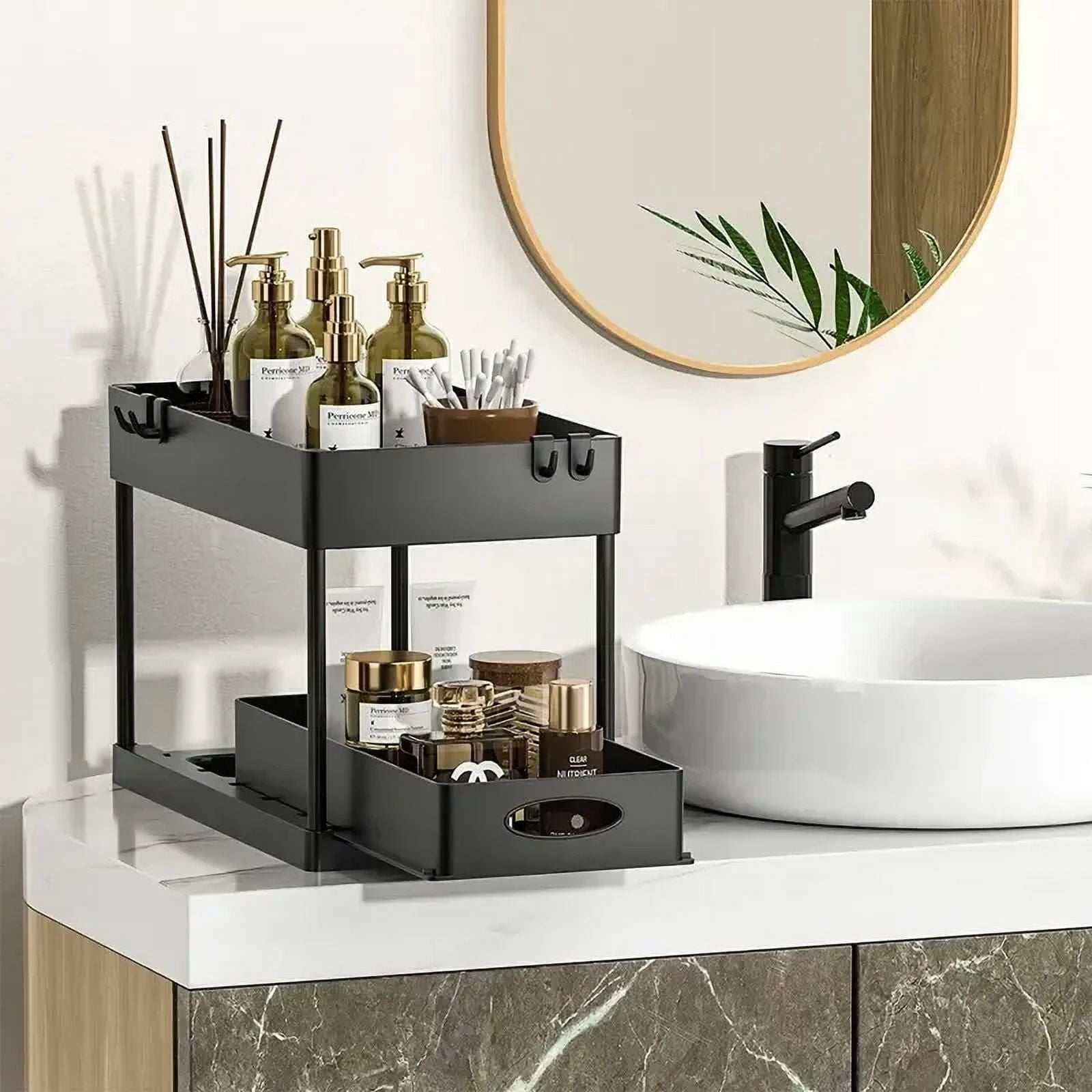 2 Tier Under Sink Organizer Sliding Cabinet Basket with Hooks Hanging Cup - New Bathroom Kitchen Space-Saving Rack