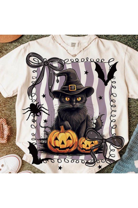 Preppy Black Cat Shirt, Retro Halloween T-shirt, Spooky Season Shirt, Pumpkins Shirt, Black Cat Shirt, Autumn Shirt, Halloween Shirt, Halloween 190617