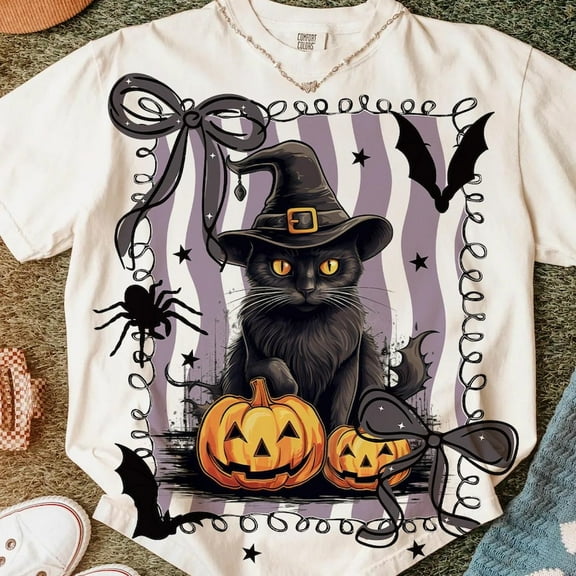 Preppy Black Cat Shirt, Retro Halloween T-shirt, Spooky Season Shirt, Pumpkins Shirt, Black Cat Shirt, Autumn Shirt, Halloween Shirt, Halloween 190617