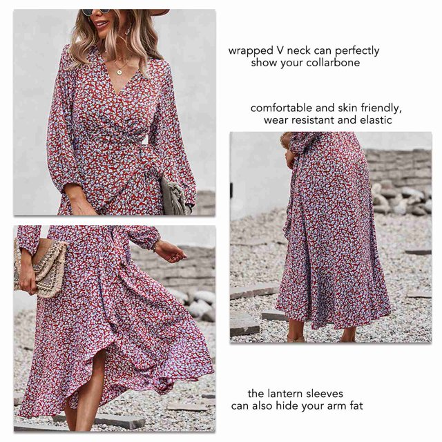 Vestido Largo Con Lazo En La Cintura, Elegante Puño Elástico, Linterna Transpirable, Manga Larga, Estampado De Flores, Vestido Largo Fluido, Cómodo Para El Trabajo ANGGREK Otros