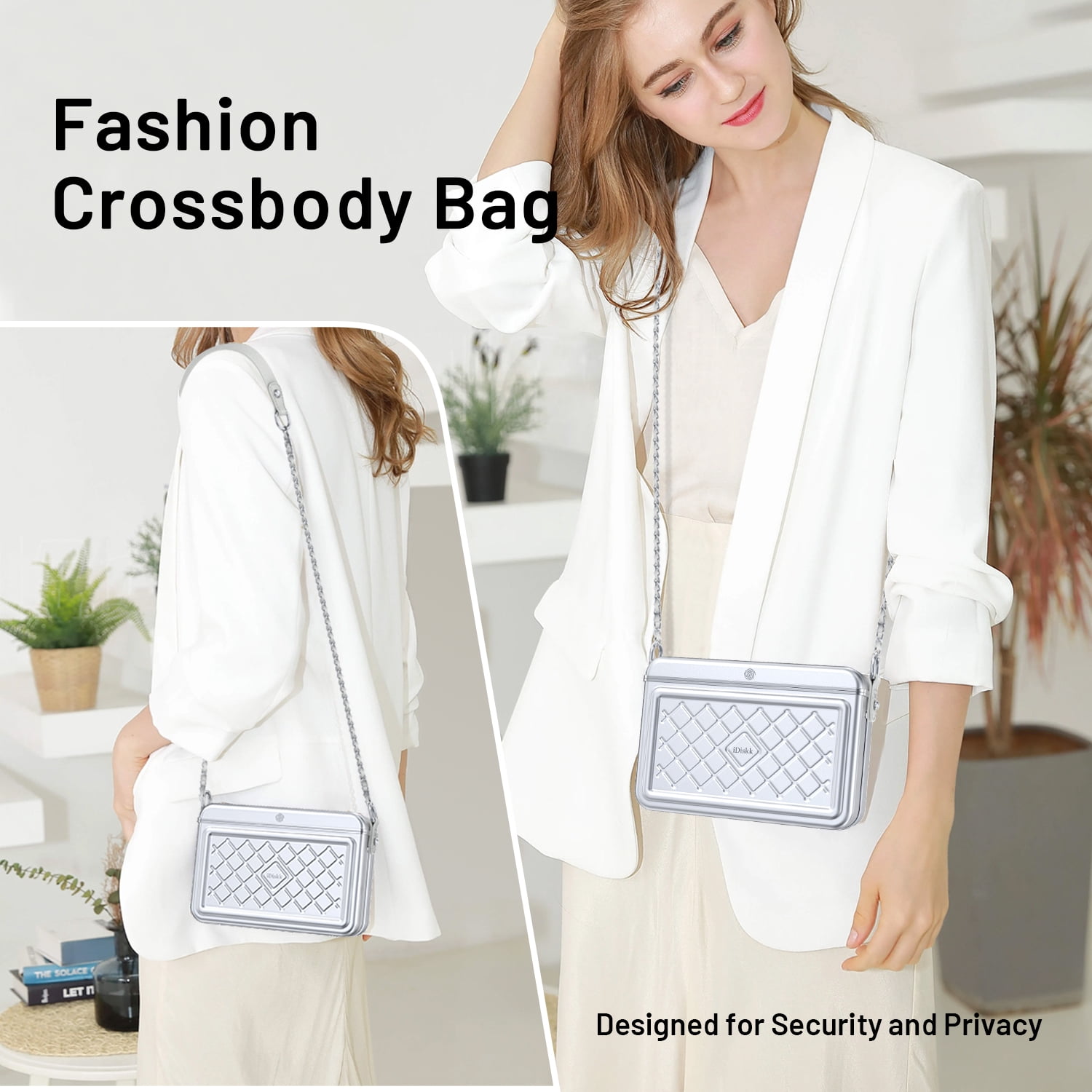 iDiskk MFi Certified 2-in-1 Security Lockable Crossbody Bag with Fingerprints Lock for Women, Shoulder Bag Anti-Theft with Fingerprint & Password Unlocking Built-in 8000mAh 1-Pack Silver