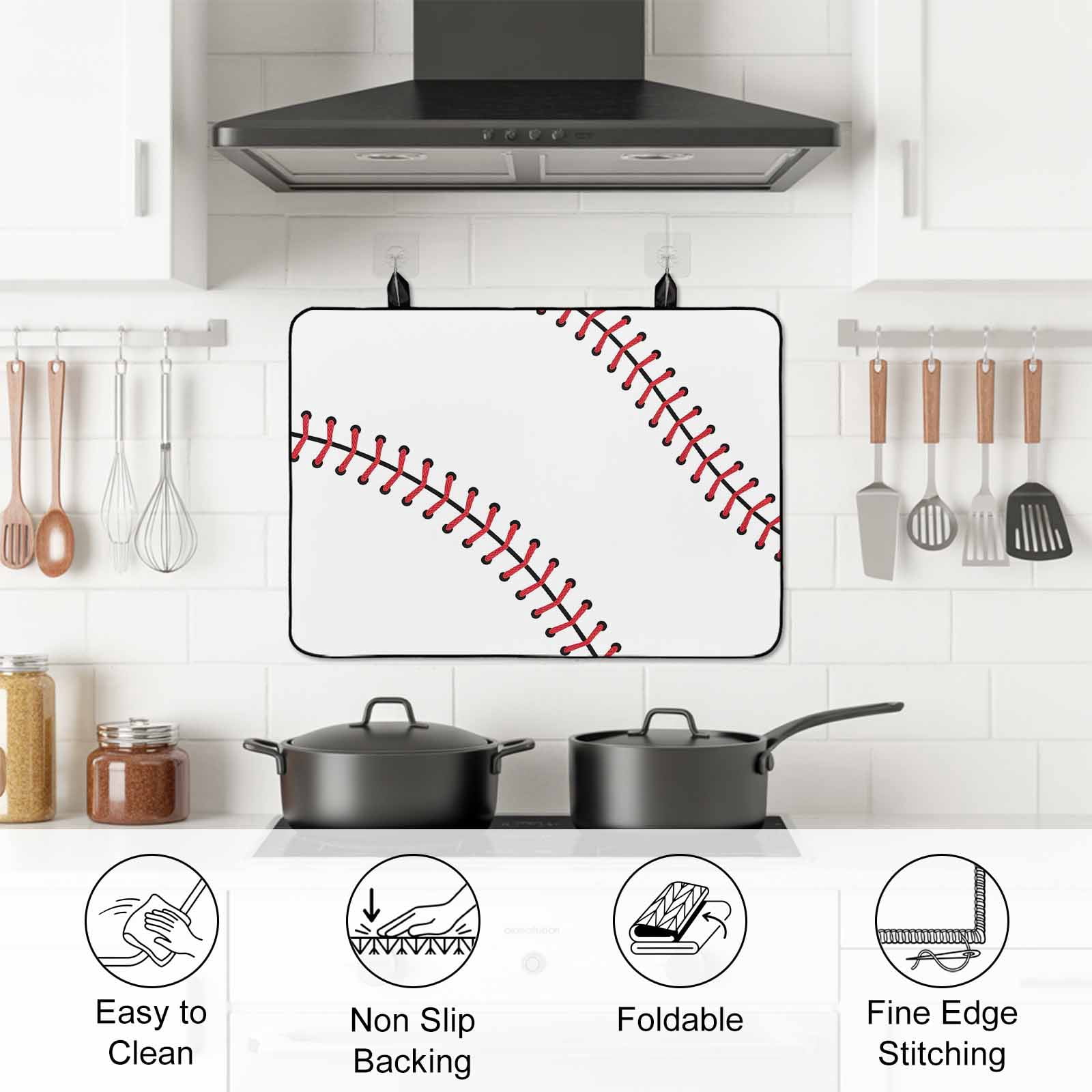 Baseball Stove Top Cover for Electric Stove, Heat-proof & Non Slip Glass Top Stove Cover Protector, Modern Minimalist Red Lines Kitchen Flat Cooktop Rubber Mat 24x21 Inches