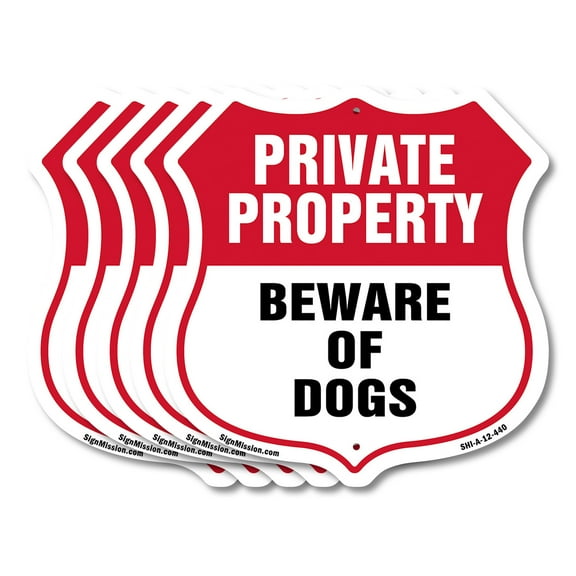 Private Property Shield Sign Beware Of Dogs (5 Pack) 12 inch X 12 inch Shield-Shaped Rust-Free Aluminum Metal Signs Weather Resistant, UV Protected for Workplace Made in the USA