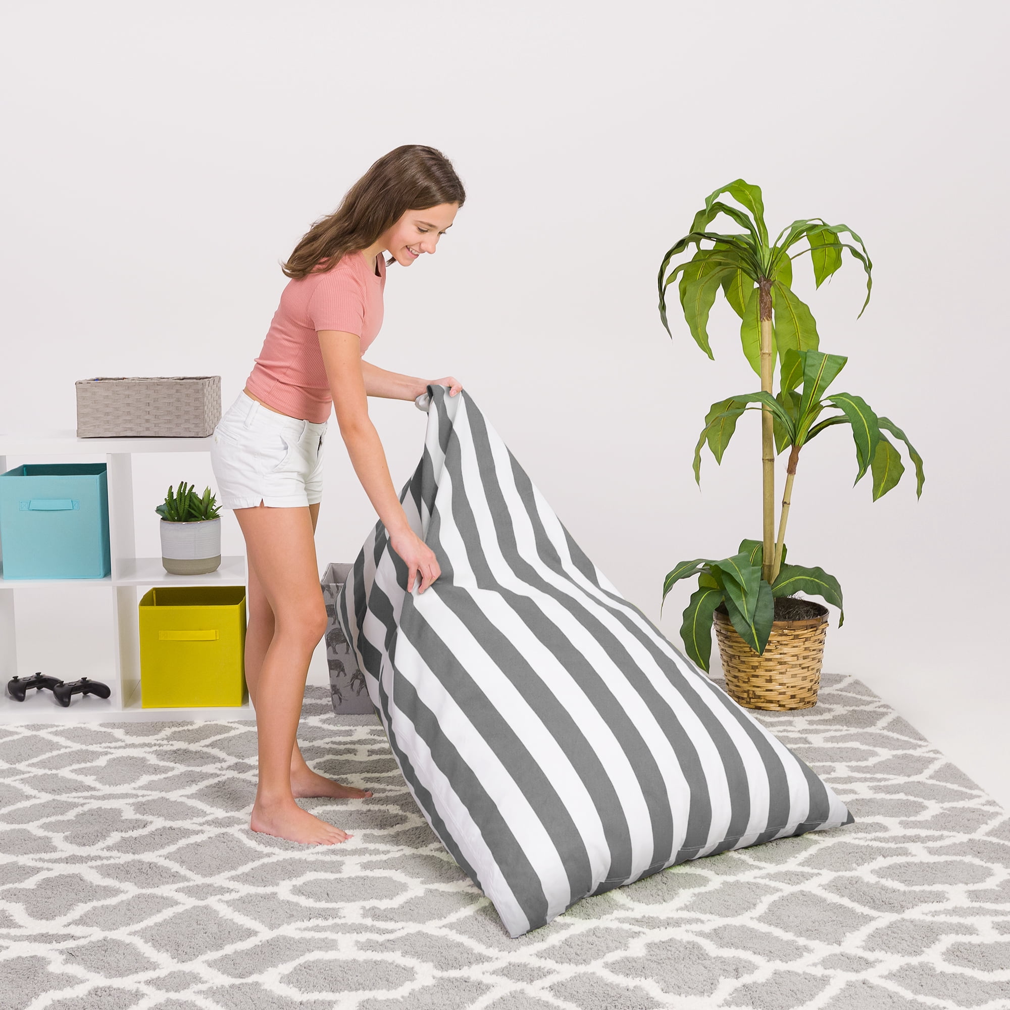 Posh Creations Twist Bean Bag Chair Lounger, Large, for Kids, 4 ft, Canvas, Gray Stripes