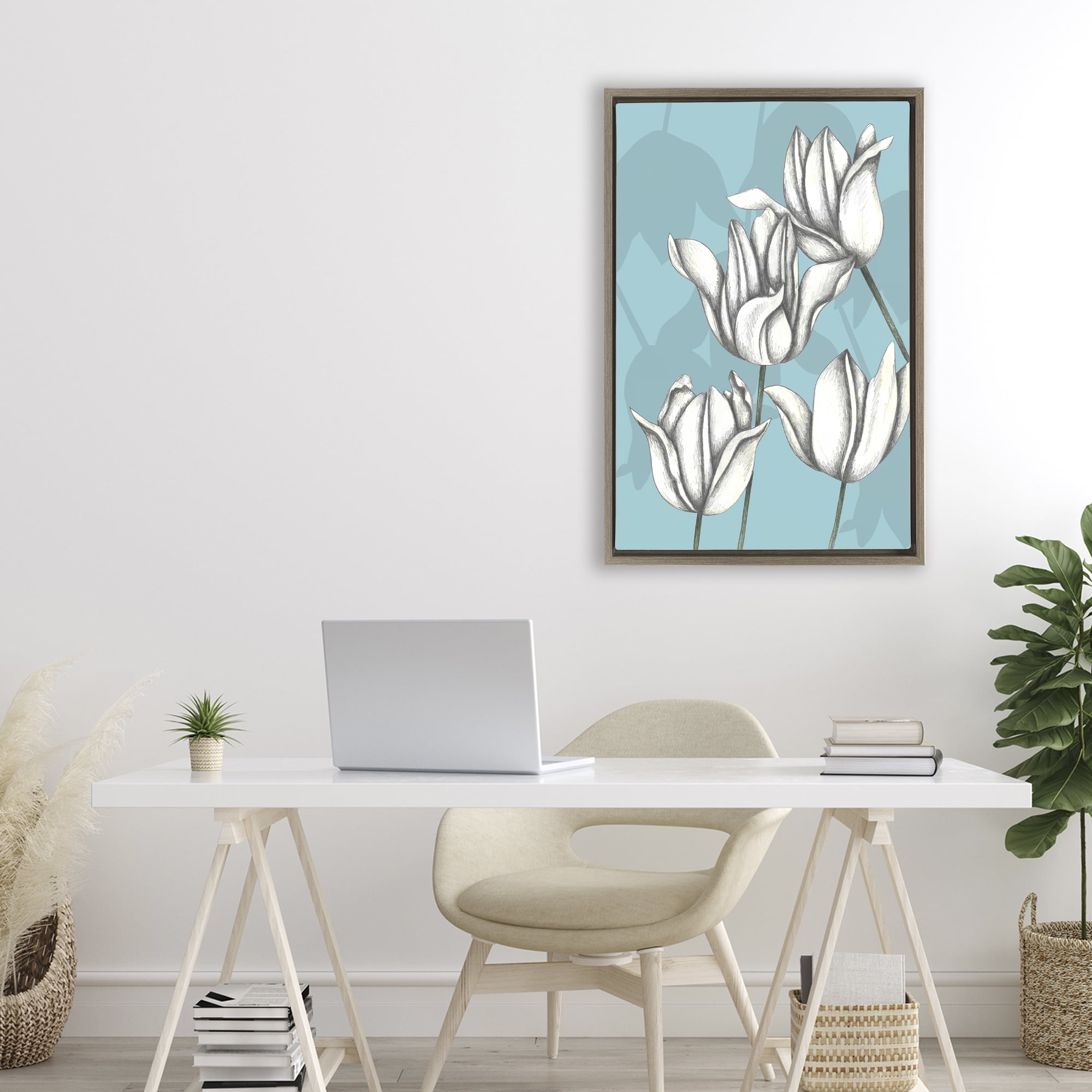 Sketched Tulips Keep Growing Brown Framed Floater Canvas Wall Art, design by Cecilia Battaini