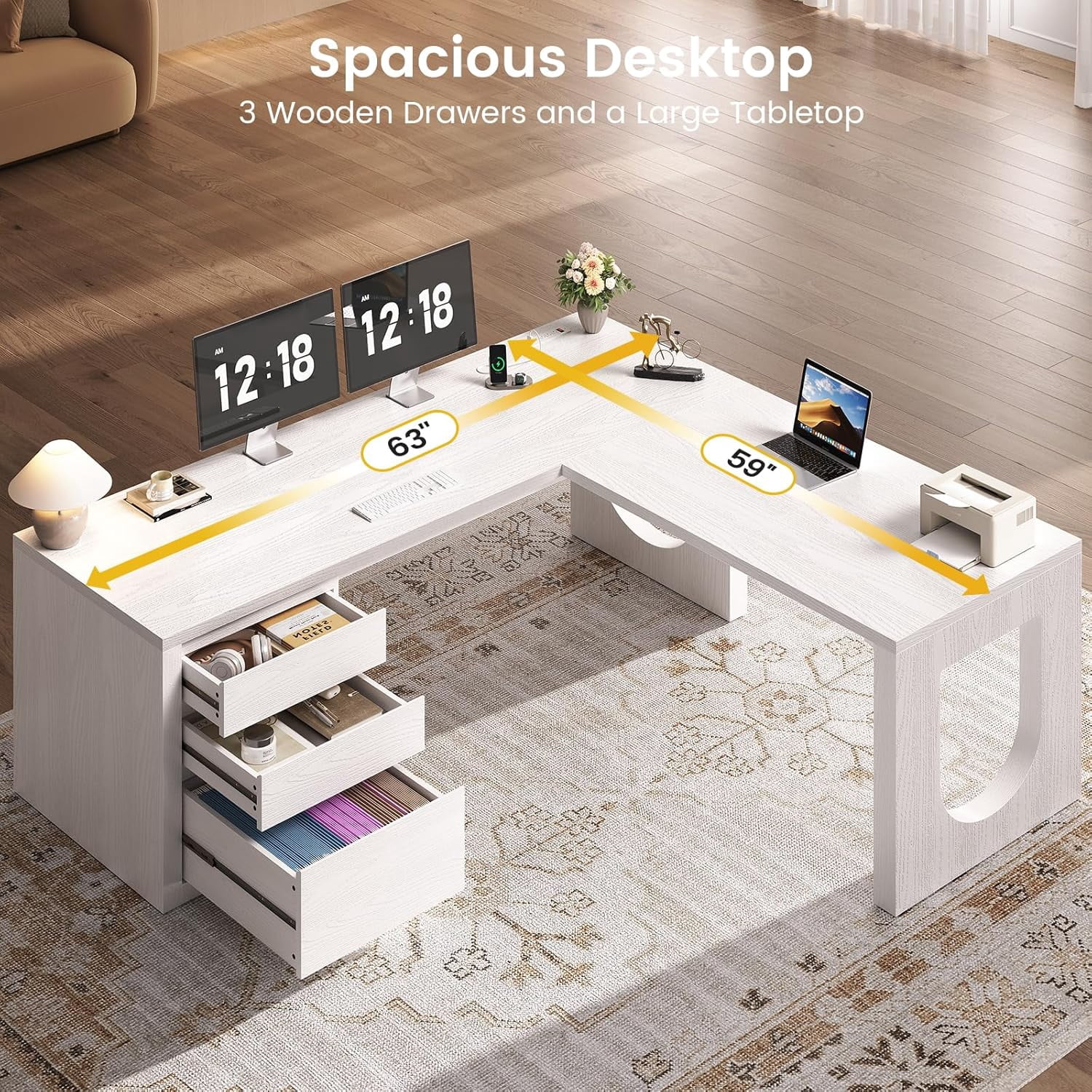 SEDETA 63" L Shaped Desk with 3 Wood Drawers, Modern Executive Office Desk with File Drawer, Wood Corner Computer Desk with U-Shaped Legs & Relief Texture, Home Office Desk with Power Outlet, White