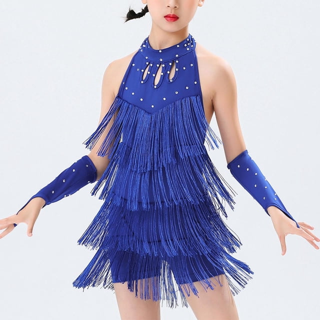 MKOSPLRT Justaucorps à Franges pour Filles Enfants avec Robe à Franges Sans Manches à Col Licou Robe Mini Samba Rumba Fête Cha-Cha Tenue de Danse Robes de Fête Vintage