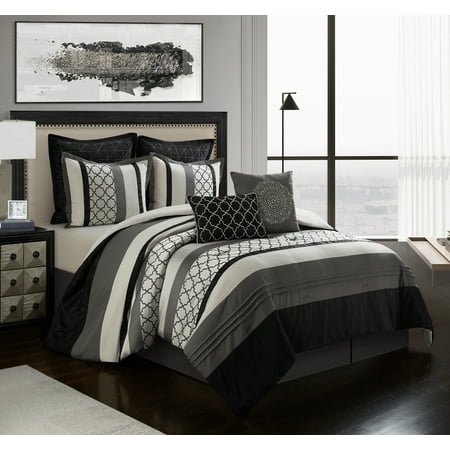 Easy Gentle Avalon 8 Piece Bedding Comforter Set with BONUS Shams and 2 BONUS PIllows Full/Queen Grey Set Includes: (1) Comforter  (2) Shams  (2) Euro Shams (1) Bedskirt  (2) Decorative Pillows Fabric Content: 100% Polyester Country of Origin: China Color: Black Gray Size: Queen Dry Clean Only 1 Comforter- 90 inches x 92 inches 2 Shams- 26 inches x 20 inches 2 Euro Shams- 26 inches x 26 inches 1 Decorative Pillow- 18 inches x 18 inches 1 Decorative Pillow- 13 inches x 18 inches 1 Bedskirt- 60 inches x 80 inches with 15-inch drop