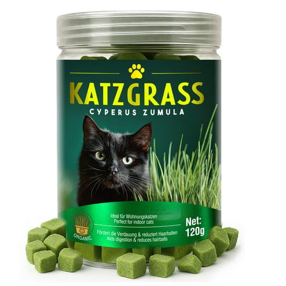 Cat Grass Treats, Cat Grass For Indoor Cats, Organic Cat Grass Cubes for Teeth Cleaning, Hairball Removal and Training Rewards, 120g