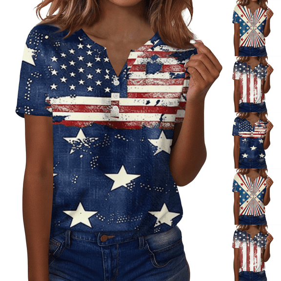 Women 4th of July Patriotic Henley V Neck Tops Short Sleeve Summer USA Flag Print Casual T Shirts Navy L