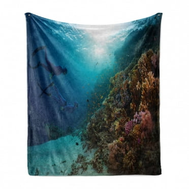 Diver Soft Flannel Fleece Throw Blanket, Real Life Image of 2 Free Humans Exploring a Coral Reef Wall in the Red Sea, Cozy Plush for Indoor and Outdoor Use, 60" x 80", Multicolor, by Ambesonne