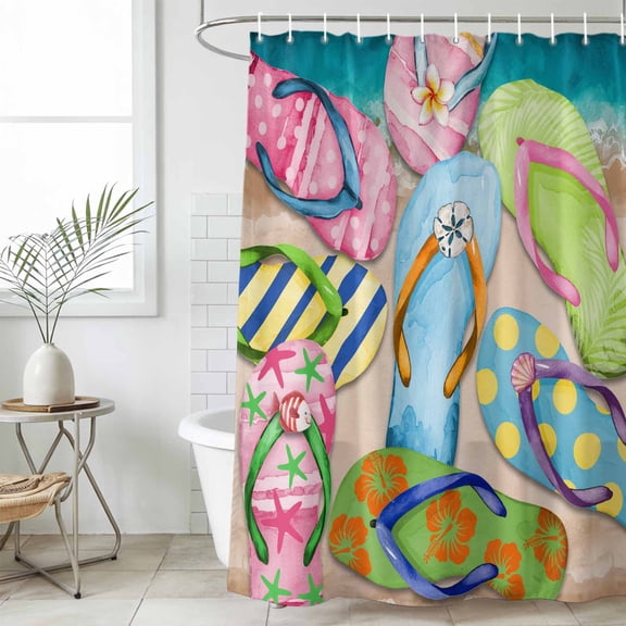 Colorful Flip Flops Waterproof Fabric Shower Curtain,Summer Blue Beach Ocean Waterproof Fabric Shower Curtain for Bathroom Curtains Bathtubs Hotel Shower Curtains with 12 Hooks Standard 72x72