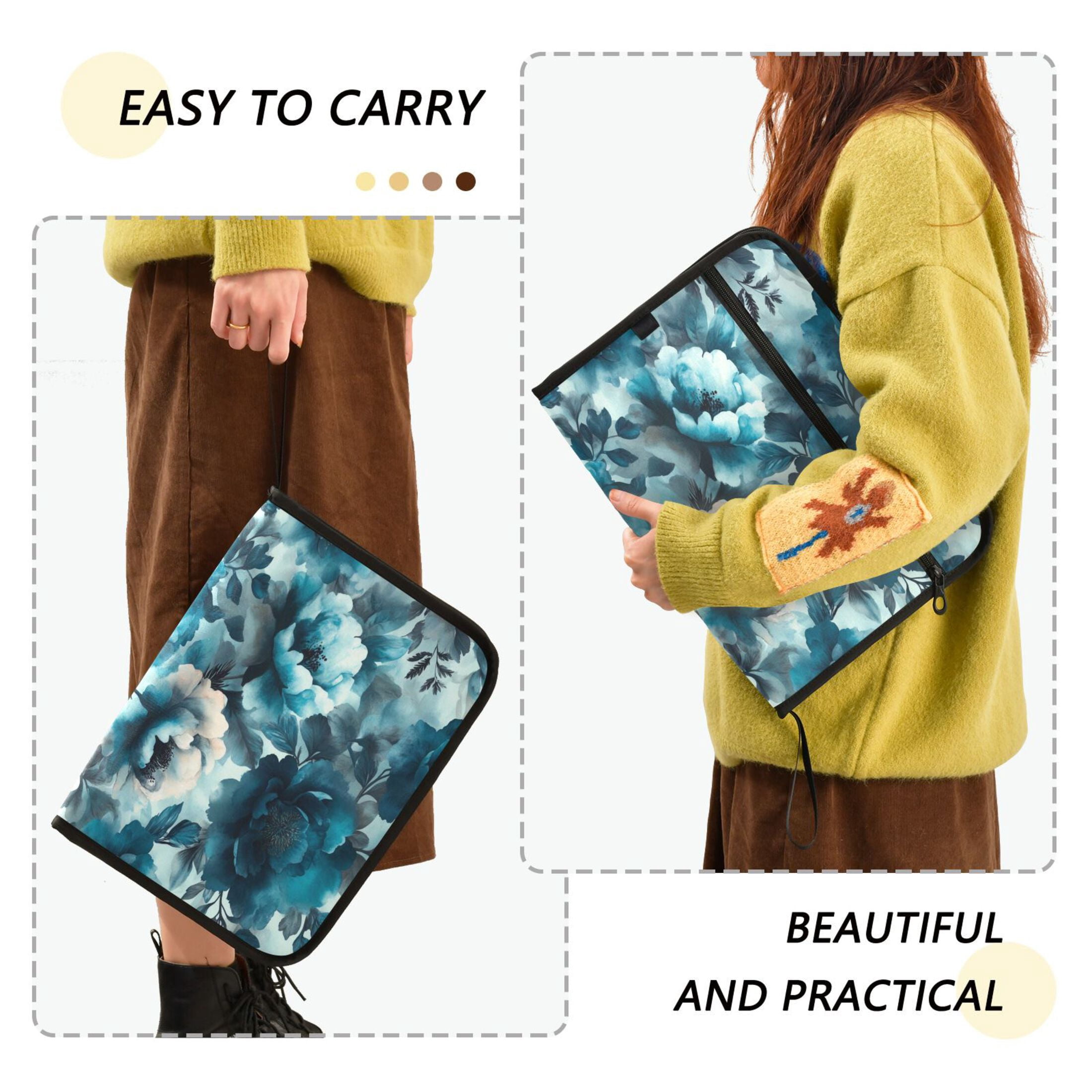 Accordion File Organizer with Zip Closure 13 Pockets Expanding File Folder Letter A4 Paper Document Organizer for Home Office Teal Elegant Floral Pattern