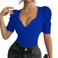 thumbnail image 2 of Women'S Puff Long Sleeve Knit Pullover Sweaters Casual V Neck Ribbed Solid Soft Slim Fit Sweater Blouse Tops Blue L, 2 of 9