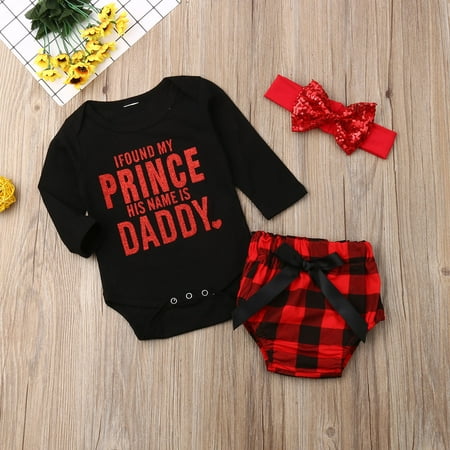 

3pcs Newborn Baby Girls Set Headband + Bodysuit + Plaid Short Pants Toddlers Kids Christmas Outfits